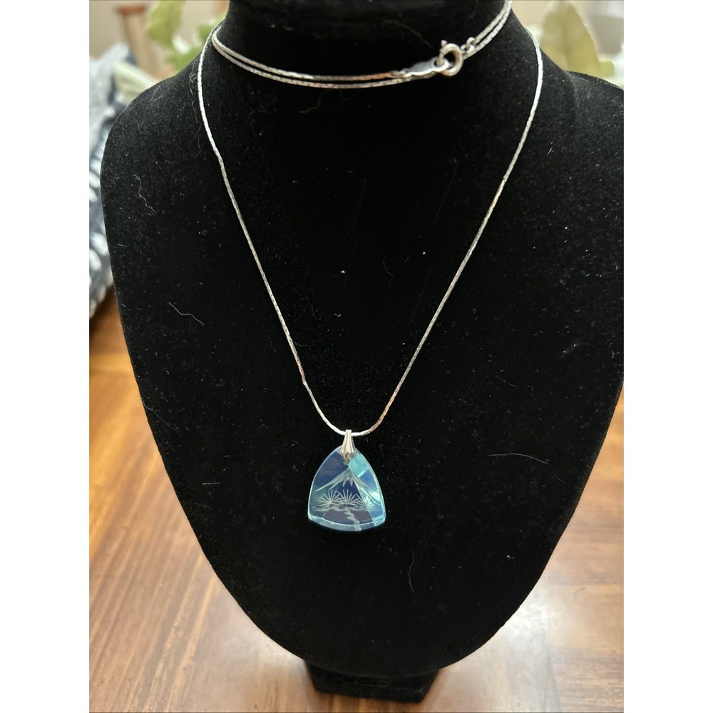 Silver Tone Vintage‎ Necklace Blue Clear Glass Etch Pendant Marked Japan
